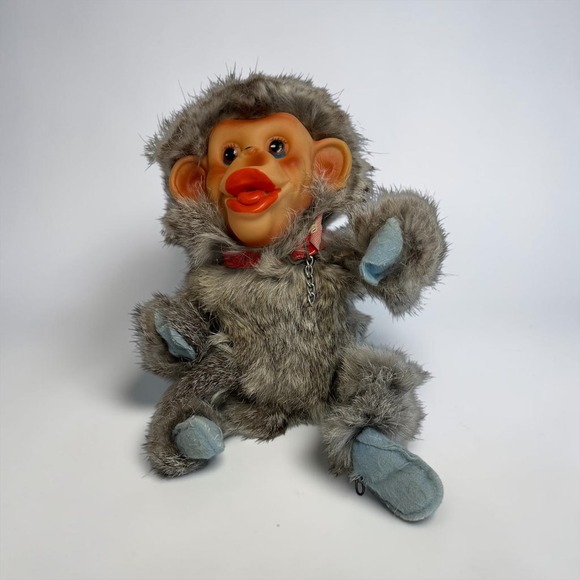 Other - Vintage Monkey Plush Toy Small Gray Real Fur Rubber Face MCM Kitsch Collectible